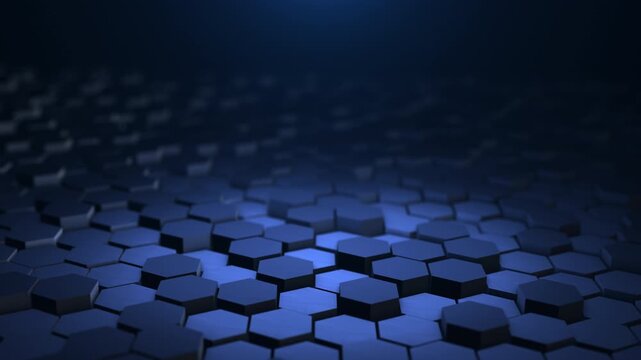 Seamless dark blue 3D hexagon grid loop for futuristic technology, blockchain and AI concepts.