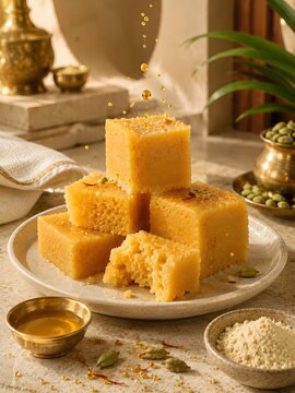Traditional Indian Mysore Pak Sweet with Dripping Ghee and Saffron