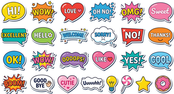 Comic Speech Bubble Stickers Collection- Expressive Cartoon Exclamations and Chat Phrases