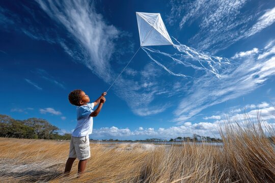 Child flying a white kite in a sunny field near water under a blue sky with clouds