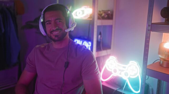 Man wearing gaming headset smiles at camera with neon controller sign and gamepad nearby in studio; relaxed play.