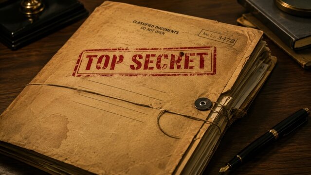 Vintage confidential document folder with classified file on wooden desk representing secrecy and intelligence