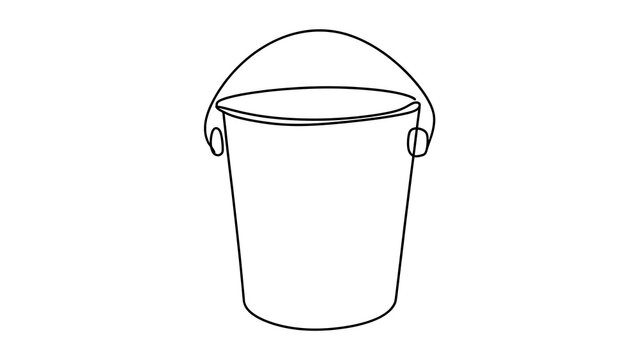 Simple black line drawing of a bucket white background.