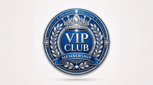 Royal blue round badge with a detailed silver crown, laurel wreath, and "VIP Club Membership" text. Ideal for luxury certificates, premium member awards, quality seals, and exclusive club branding.