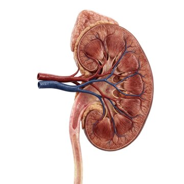 Anatomical cross section of human kidney with major blood vessels and ureter