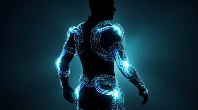 Dynamic visual of a human form displaying an advanced cybernetic exoskeleton with glowing blue neural network patterns for technological presentations.