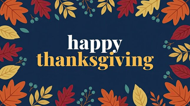 Happy thanksgiving greeting card design with autumn leaves frame and dark blue background thanksgiving greeting seasonal background november celebration ornament typography