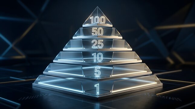 Gleaming translucent pyramid hierarchy displaying ascending numerical values, an illustrative digital graphic promoting conceptual marketing strategies.