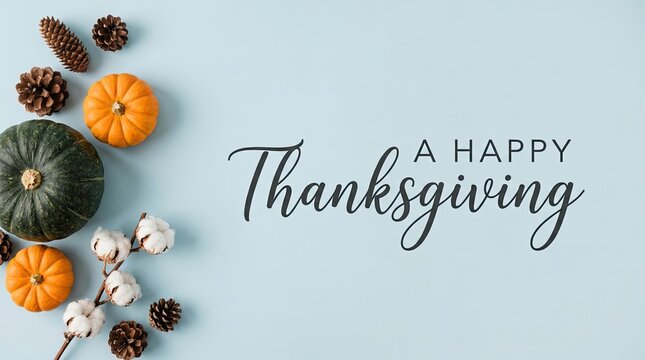 A happy thanksgiving greeting card featuring pumpkins pinecones and cotton on light blue thanksgiving pumpkins pinecones greeting seasonal background november celebration