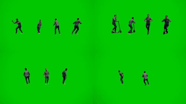 3d animated cartoon animation energetic people in dynamic poses on green screen chromakey background. Animated characters performing lively actions ideal for celebration event and action crowd vi