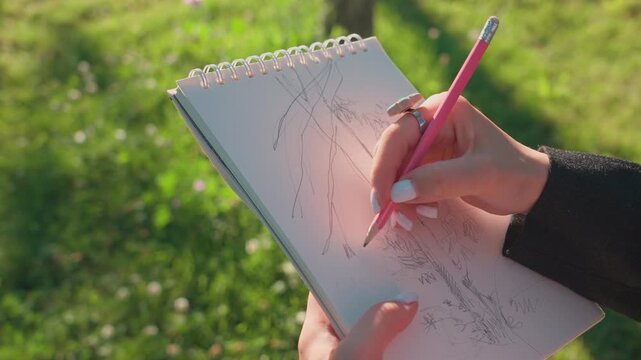 Artist drawing quick pencil sketch in sketchbook during outdoor plein air session