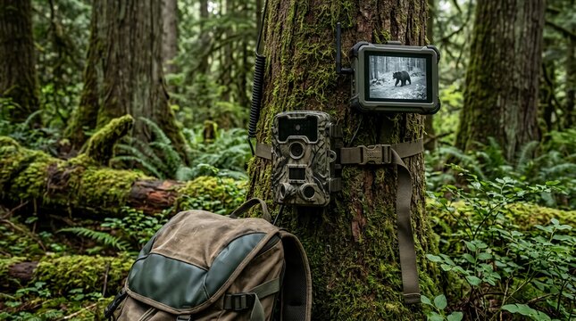 Motion activated trail camera monitoring wildlife in deep forest