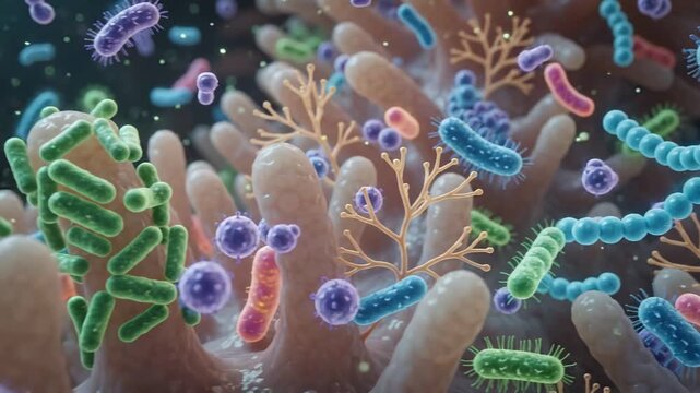 Microscopic view of healthy gut flora and intestinal microbiome