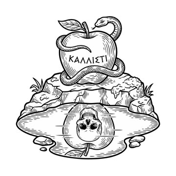 Golden apple of discord with snake and skull reflection.