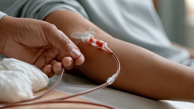 National Minority Donor Awareness Month: close-up photograph of a Hispanic patient's arm during blood donation, needle and tubing in precise clinical focus, sterile gauze and cotton visible nearby
