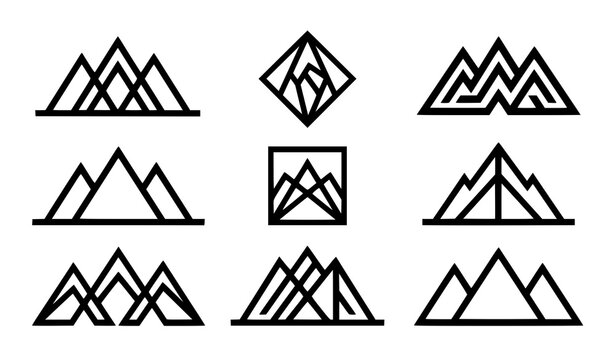 Minimalist mountain line art vector set with modern geometric triangle peak symbols and corporate real estate logo signs