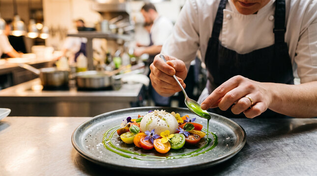 Chef Plating Gourmet Dish with Microgreens in Restaurant Kitchen