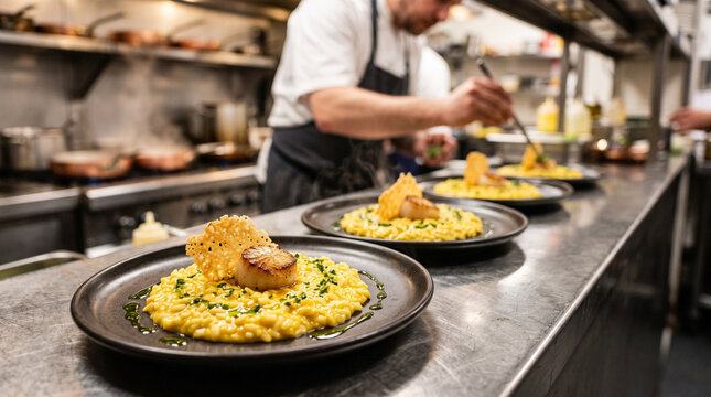 Chef Plating Gourmet Dish with Seared Scallop and Risotto