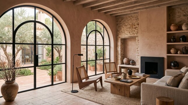 Mediterranean Living Room with Arched Windows and Fireplace