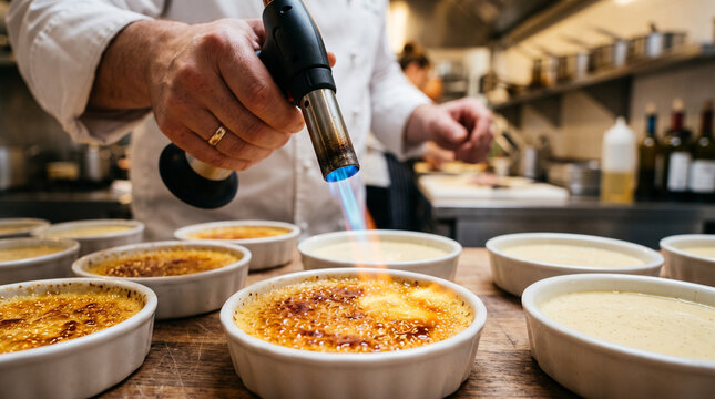 Chef Caramelizing Cr&egrave;me Br&ucirc;l&eacute;e with Torch in Professional Kitchen