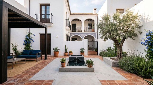 Spanish Colonial Courtyard with Fountain and Olive Tree