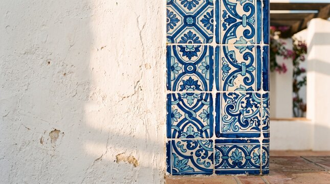 Blue and White Portuguese Ceramic Tiles on Whitewashed Wall