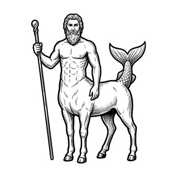 Mythological triton centaur hybrid holding a staff.