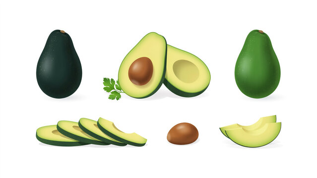 Fresh whole half cut green avocado isolated white background side view vector food clipart