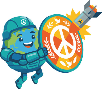 International Day against Nuclear Tests Globe superhero holding peace shield deflecting nuclear missile attack with superhero protection conflict character illustration deflection security