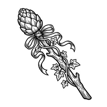 Thyrsus staff with artichoke ivy and decorative ribbons.