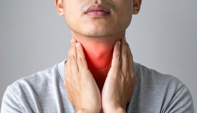 Close up of man wearing gray shirt holding neck with red pain glow representing acute sore throat thyroid disease medical healthcare concept