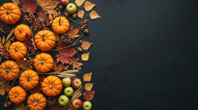 Autumn harvest festive flat lay with orange pumpkins green apples and dried fall leaves on dark wooden textured background vegetable seasonal decoration background thanksgiving