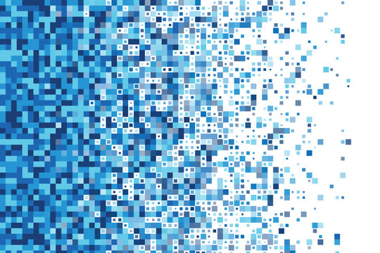 Blue pixel dispersion pattern, abstract background, with fading square, shapes on white backdrop