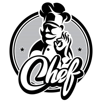 Vintage black and white chef mascot logo with mustache and toque making ok hand sign on a grey striped circle background.