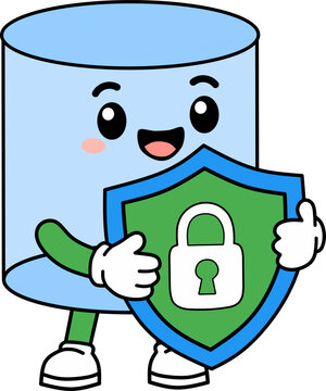 Cute database mascot holding a security shield, representing data protection, cybersecurity, privacy and secure cloud storage.