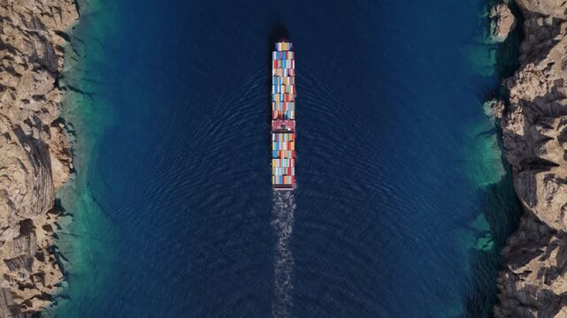 Top down container ship navigating narrow rocky coastal strait