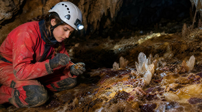 Female Geologist Researching Mineral Crystals in Underground Cave