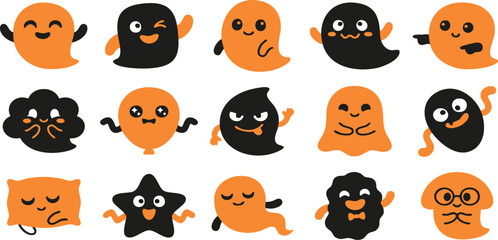 Fototapeta premium Set of cute hand drawn halloween ghost stickers in orange and black colors on white background