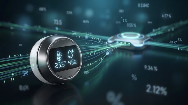 Sleek intelligent sensor device transmitting environmental data via glowing digital streams to a central hub ideal for business use.
