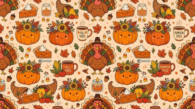 Seamless pattern background featuring cute turkeys pumpkins and autumn leaves perfect for celebrating the fall thanksgiving day holiday