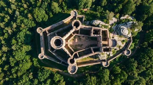 Drone top view of a historic stone castle ruins surrounded by dense forest