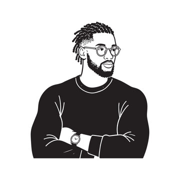  Black And White Line Art Illustration Of Stylish Man Wearing Glasses.