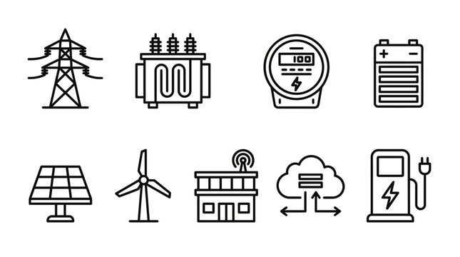 Electricity infrastructure icons illustrate the diverse range of power generation and distribution methods within a modern smart energy network.