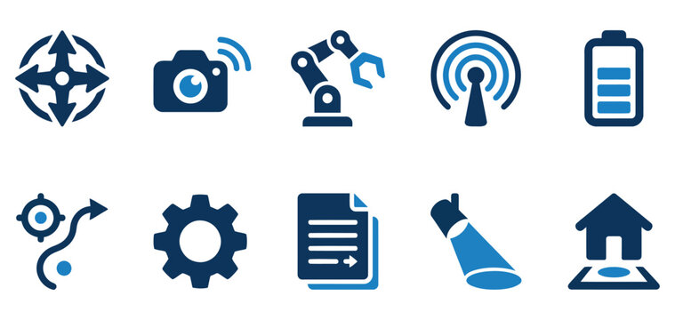 Set of ten blue and dark blue technology and business icons for web design and mobile app development Minimal solid fill icon set bundle collection. Editable Vector Illustration Mega pack