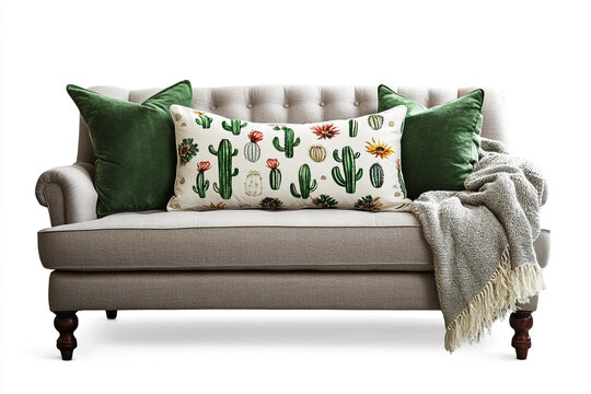 Retro couch with desert and cactus pattern on pillows