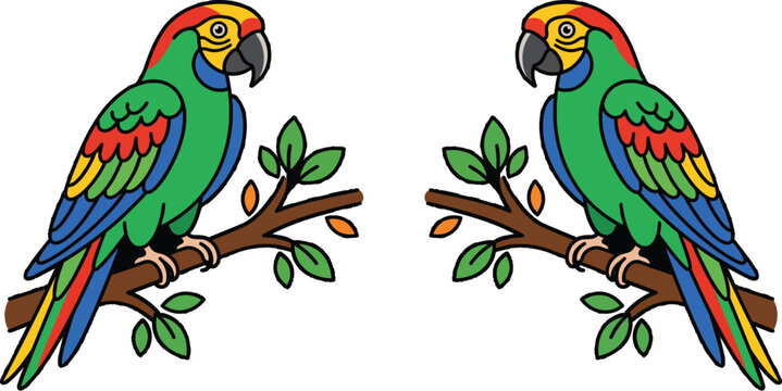 Two colorful parrots sitting on branches facing each other isolated on white background cartoon style jungle wildlife illustration for kids education.