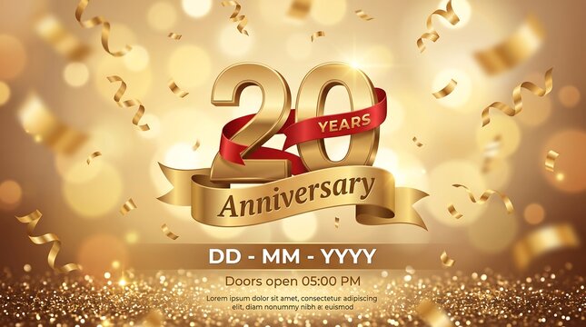 Celebrate 20 years of excellence with this elegant golden anniversary invitation banner featuring 3D numbers, ribbons, confetti, and glitter.