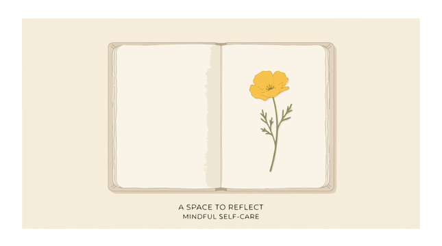 A Blooming Thought: An open notebook rests on a calm, light brown surface, revealing a single, delicate yellow flower illustration on its right page.