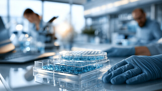 Bright close up of a cell culture plate on a clean workstation in a biological laboratory minimal well lit composition cell culture plate laboratory biology samples science