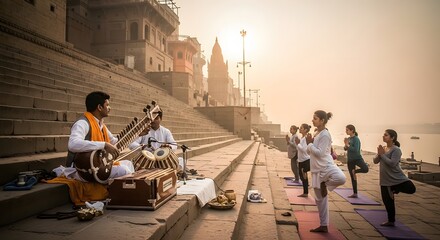 Obraz premium People practicing yoga and listening to traditional music on steps by the river at sunrise.